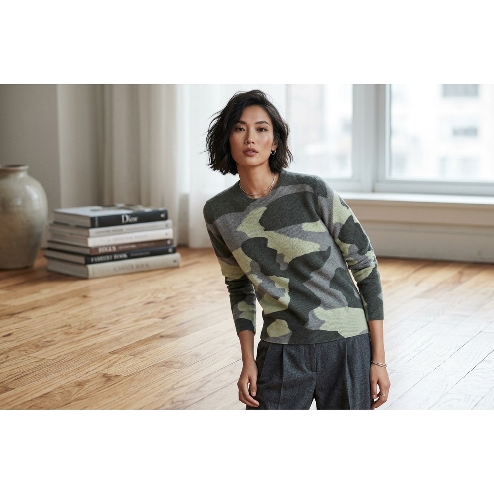 The Cashmere Project Womens Green Camo 100% Cashmere Crewneck Sweater Size M